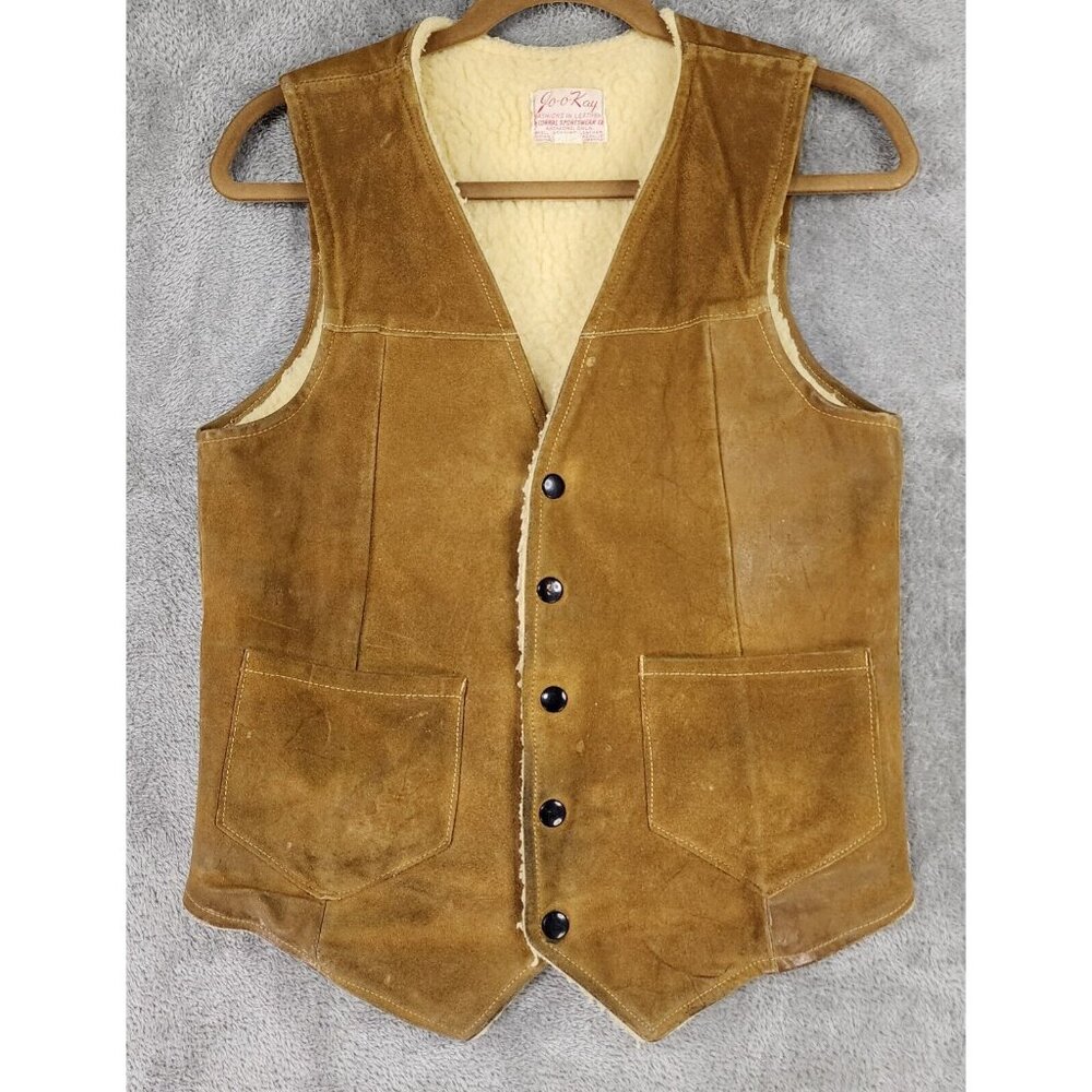 Jo-o-Kay Leather Vest Mens Size 36 Brown Suede Distressed Snap Western Vintage